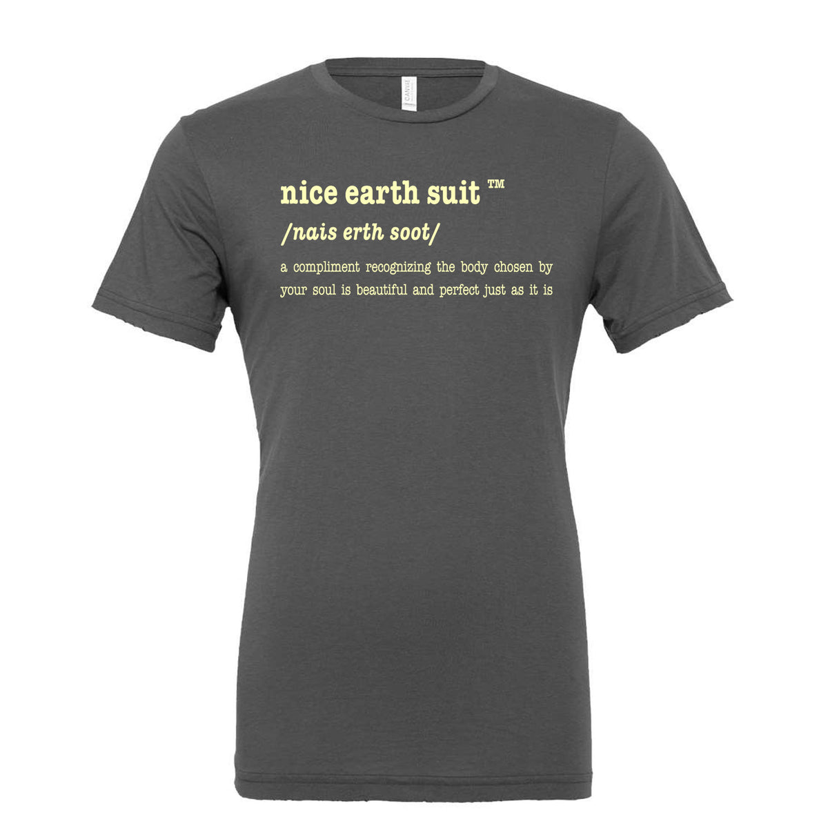 An asphalt gray short-sleeve crewneck t-shirt with yellow printed text on the chest defining 'nice earth suit'.