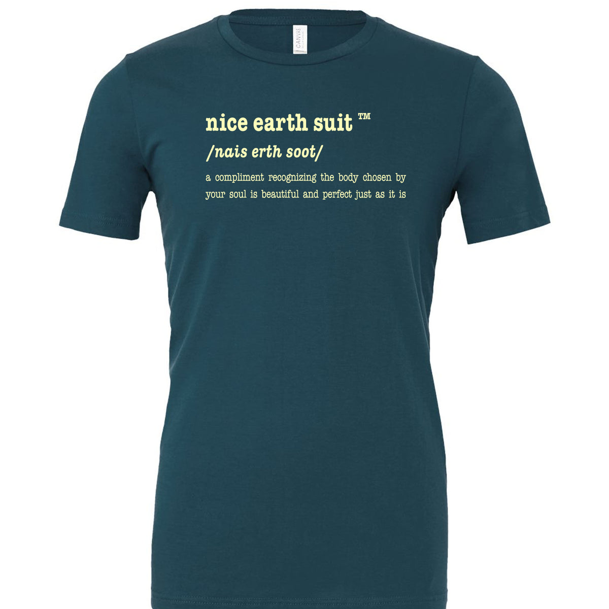 A deep teal short-sleeve crewneck t-shirt with yellow printed text on the chest defining 'nice earth suit'.