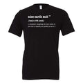 A black short-sleeve crewneck t-shirt with white printed text on the chest defining 'nice earth suit'.