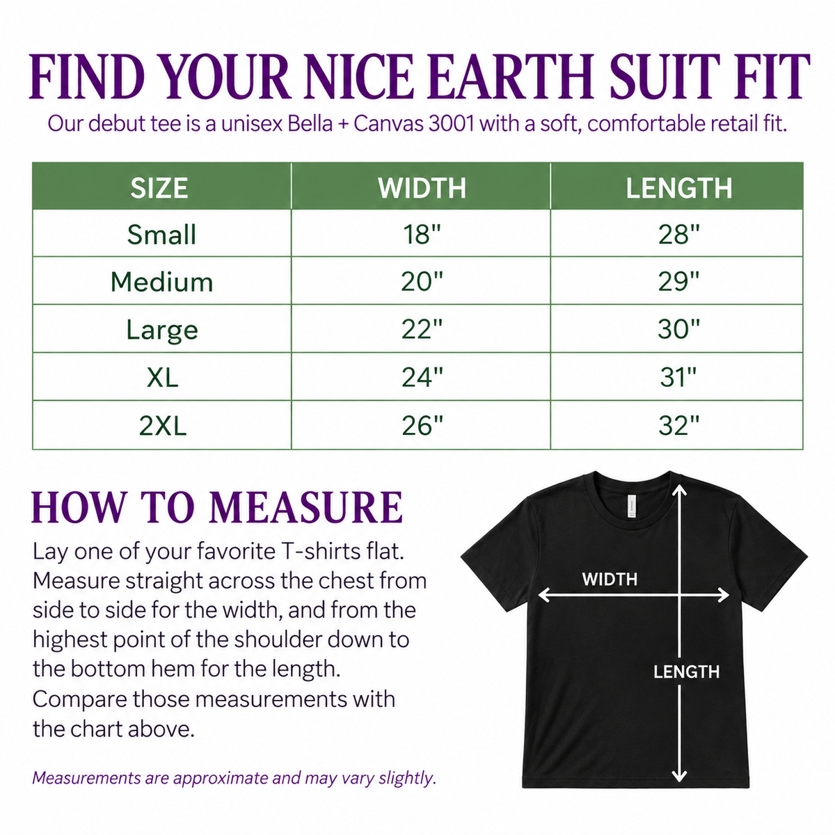 Sizing chart for Nice Earth Suit Debut Tee - Bella + Canvas 3001